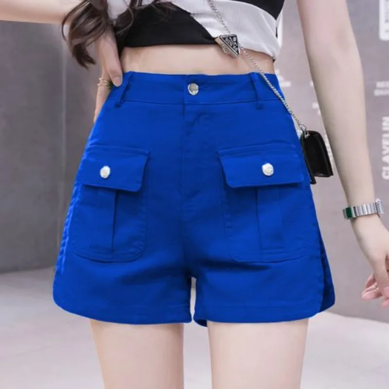 Rose Red High Waist denim Shorts Summer Fashion Split Thin Button All-Match A-line Wide-Leg Cargo Pants Femal Solid Jeans TT1565