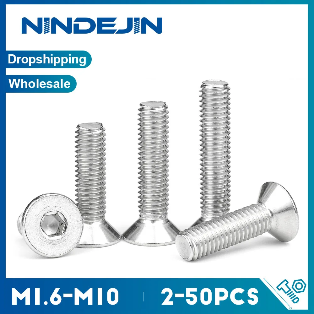 NINDEJIN-soquete sextavado de aço inoxidável, parafuso de cabeça plana escareado, parafusos Allen, DIN7991, M2, M2.5, M3, M4, M5, M6, M8, M10,