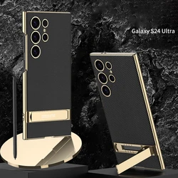 For Samsung Galaxy S25U S26 Ultra Electroplated Vegan Leather Stand Phone Case Mechanical Adjustable Stand Business Phone Case