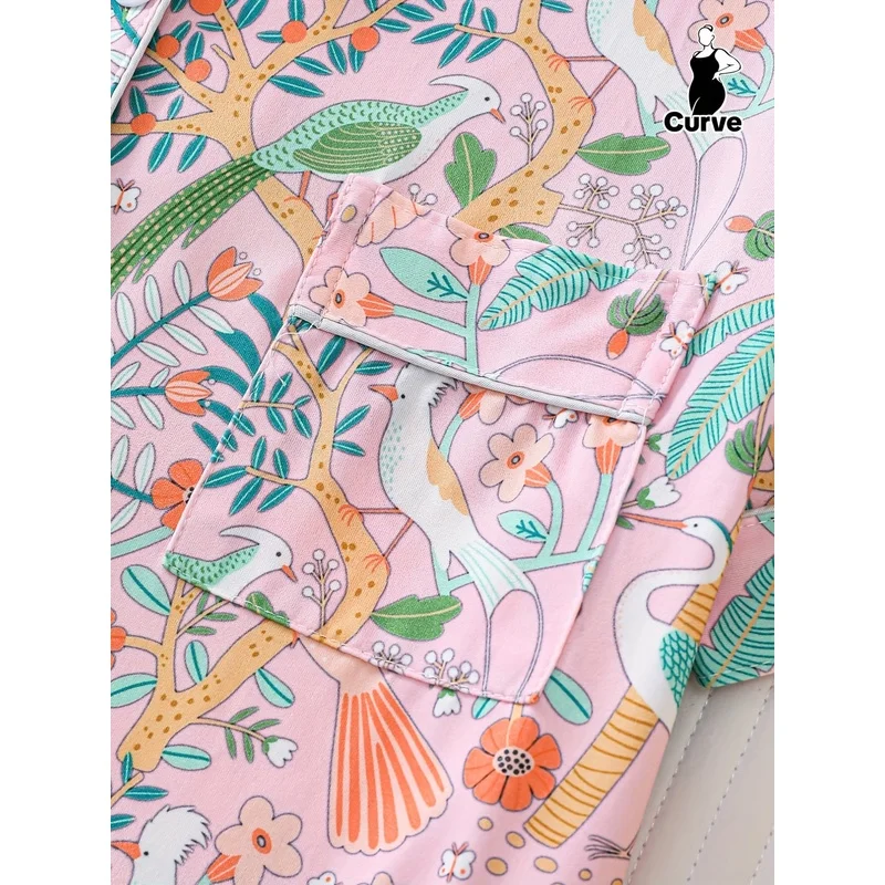 Women's Pastel Botanical Print Pajama Set Short Sleeve Button Down Top Shorts Soft Sleepwear Loungewear Summer Home Wear 4