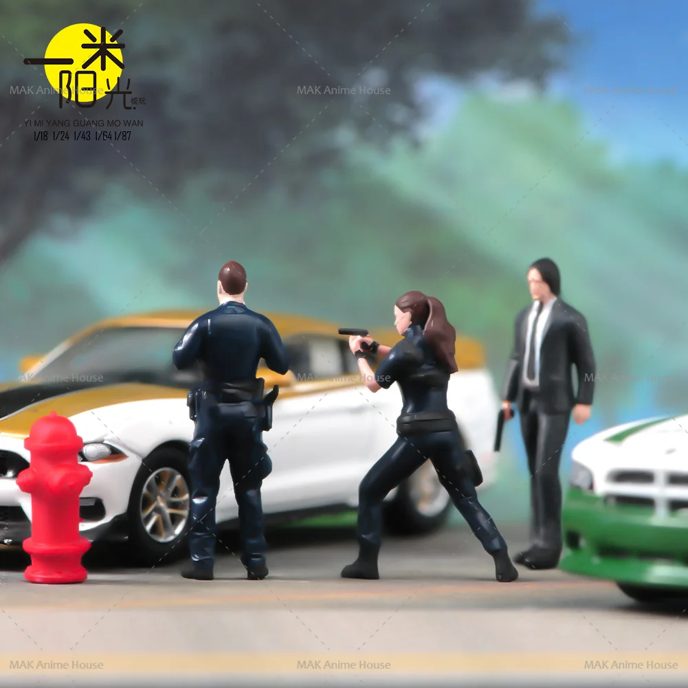 Printed Miniatures 1/64 The Police A man in a suit is chasing after him with a gun Figure Doll Model Scene Decoration Car Toys