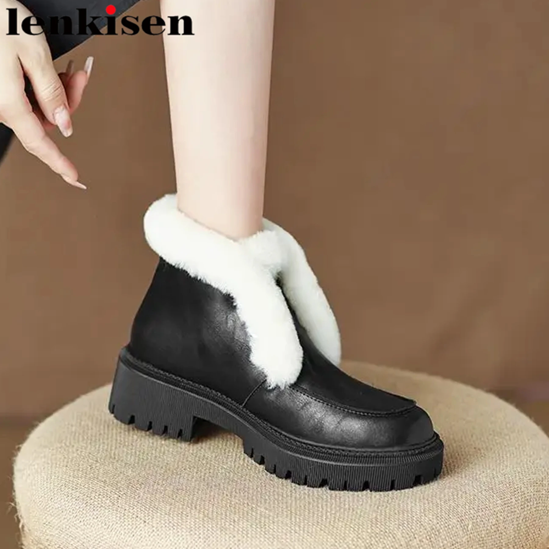 

Lenkisen Genuine Leather Round Toe Med Heels Wool Snow Boots Keep Warm Fur Concise Winter Cozy Vintage Runway Luxury Ankle Boots