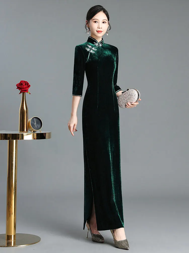 

Элегантное китайское бархатное длинное платье-ципао для женщин старшего возраста, для свадебных церемоний, осень-зима, черное, традиционное, этническое