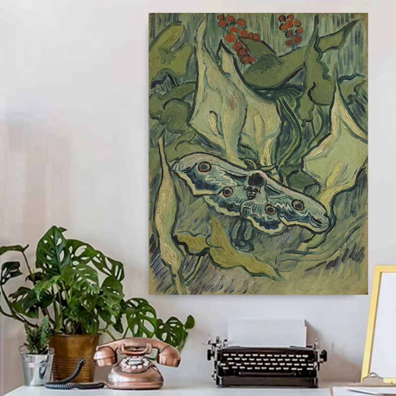 VIKAMA Tapestry Wall Hanging Moth Plant Berry Green Post Impressionism Oil Painting Aesthetic Room Decor