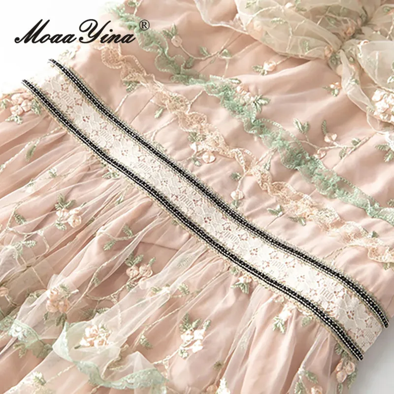 MoaaYina malha bordada meia manga em camadas babado borda de renda manga curta vestido de festa S-4XL 2025 primavera/verão