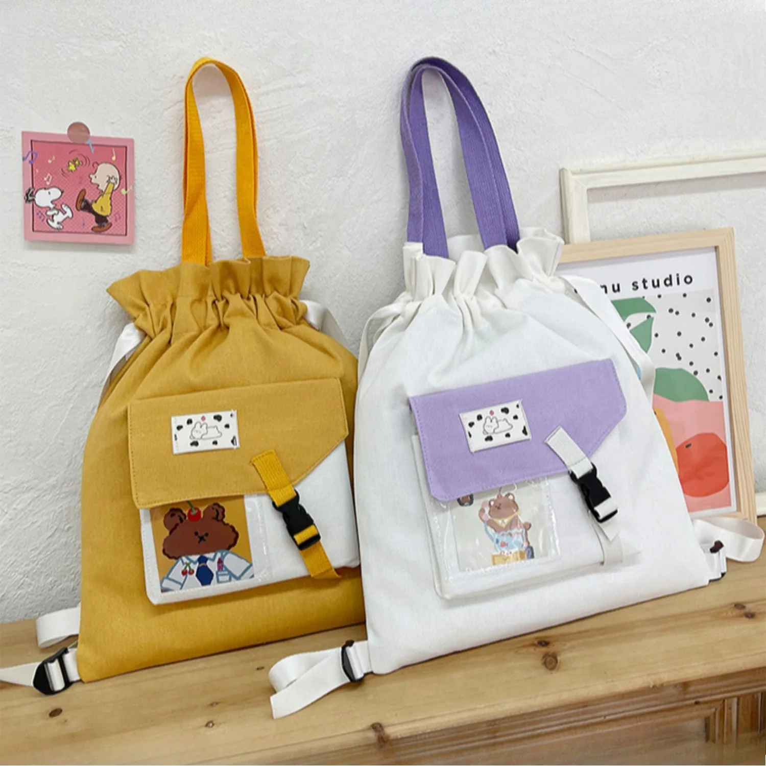 Mochila de lona con cordón estilo Harajuku, bolso escolar para tutoría de hombro para estudiante, bolso pequeño y fresco para chica