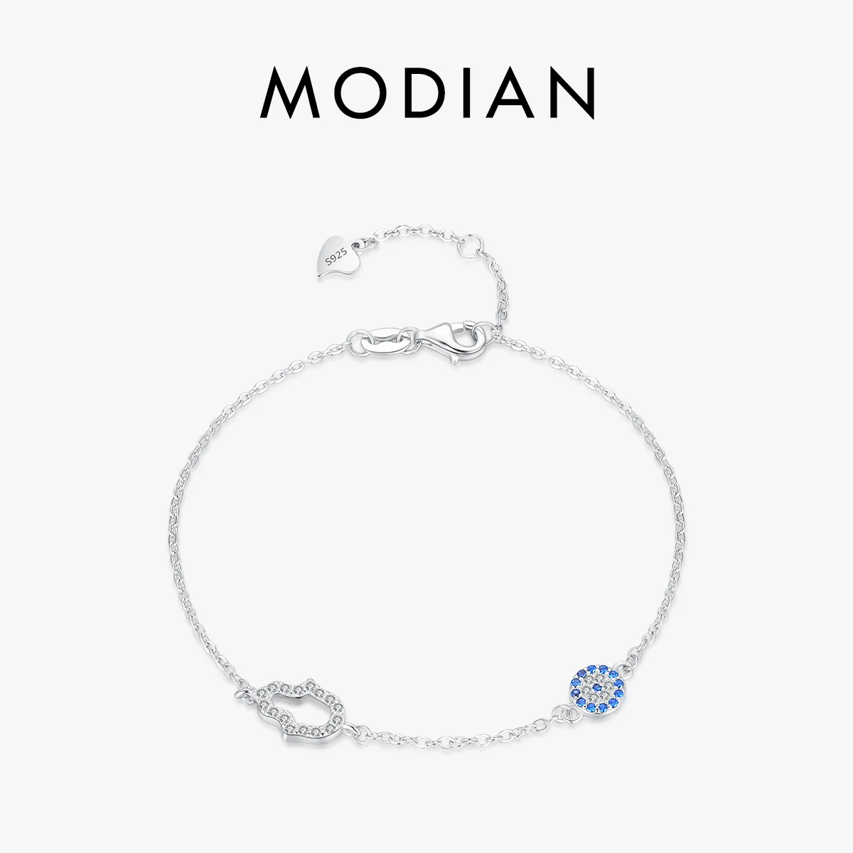 MODIAN 925 Sterling Silver Clear CZ Hand & Blue Eyes Bracelet Adjustable Link Chain For Women Fine Silver Jewelry Gifts