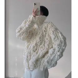 New autumn and winter personalized white high neck three-dimensional pattern sweater women's coarse yarn pullover sweater