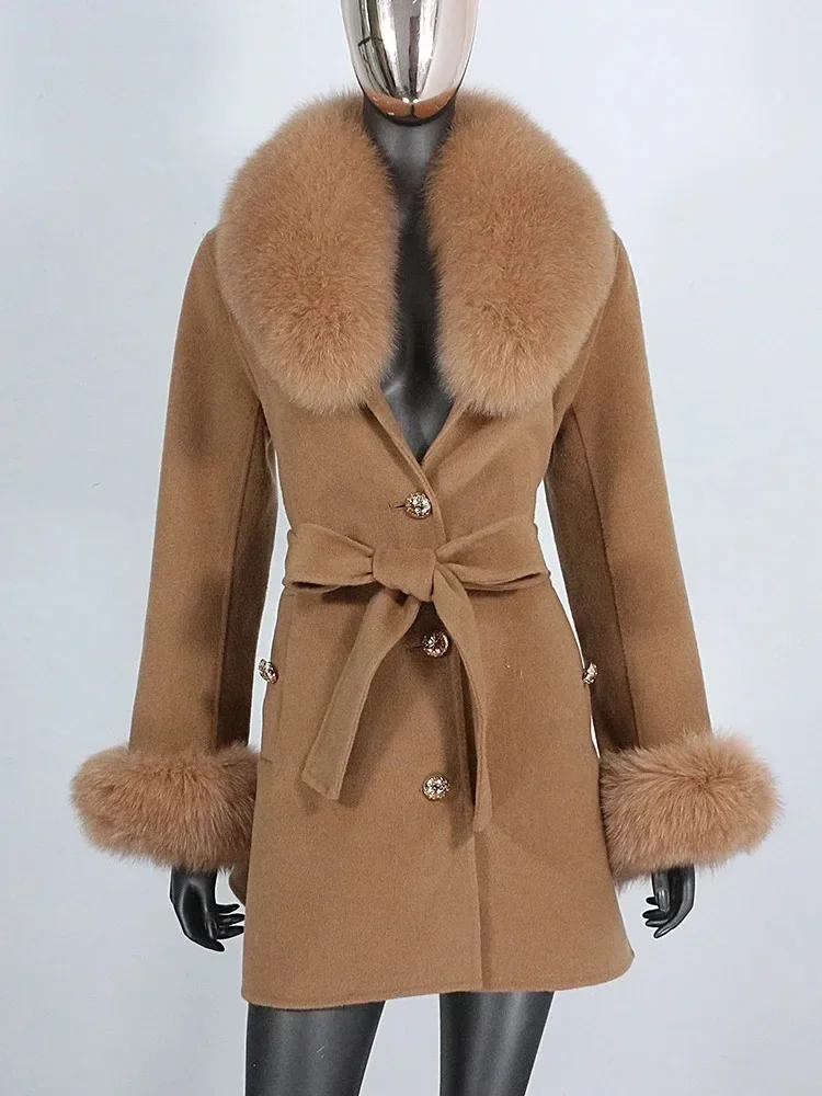 

Women Wool Woolen Outerwear Fashion Streetwear Natural Fox Fur Collar Jacket Cuffs Belt Cashmere 2025 Winter Real Fur Coat