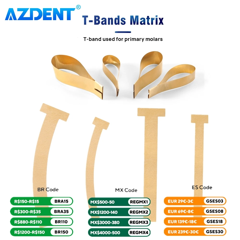 100 szt. Zespoły matrycowe dentystyczne opaski w kształcie litery T AZDENT 0,05 mm zakrzywione proste do grzonów podstawowych przekrojowe
