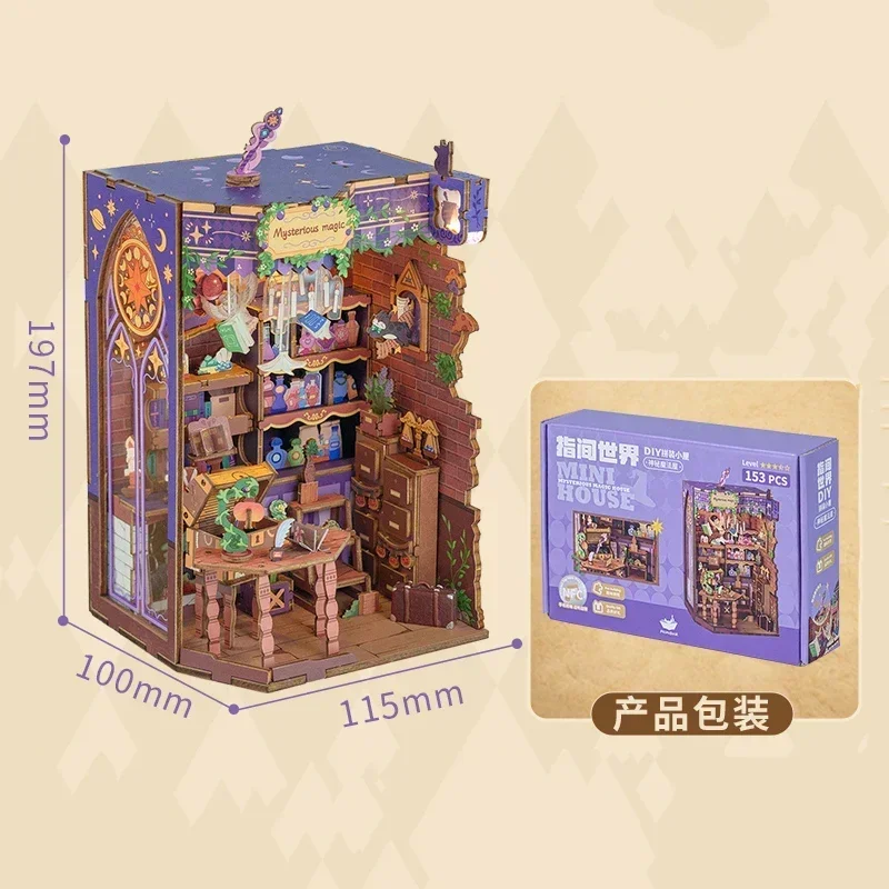 Miniature Model Kits Mysterious Magic House Bookend DIY Wooden Book Nook Shelf Insert Kit Bookshelf for Friends Birthday Gifts