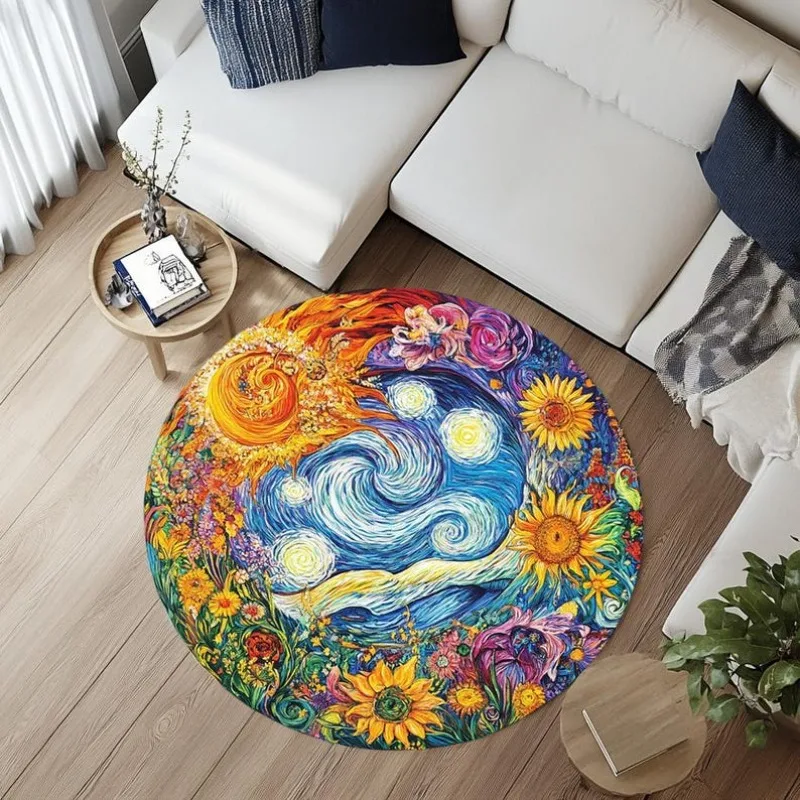 Van Gogh Sunflower with Round Rug Modern Rural Natural Landscape Living Room Sofa Carpet Bedroom Rocking Chair Nonslip Round Rug