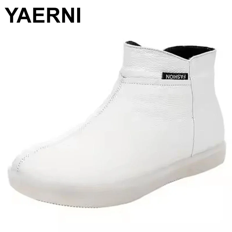 Botines de piel auténtica de vaca para mujer, botas cálidas de lana sin cordones para motocicleta, zapatos supercómodos de invierno, color blanco