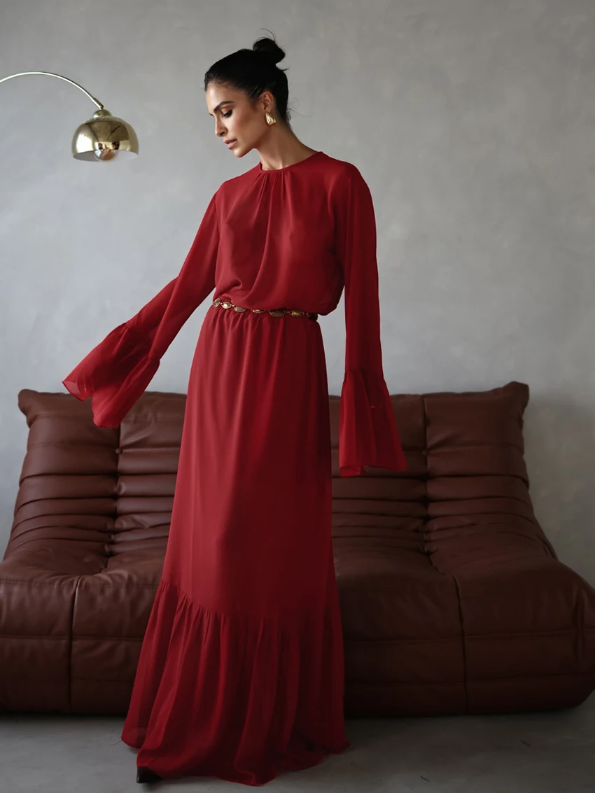 Marthaqiqi Chiffon Red Women Nightwear Suit Long Sleeve Nightgowns O-Neck Sleepwear Long Skrit Loose Ladies Pajamas 2 Piece Set