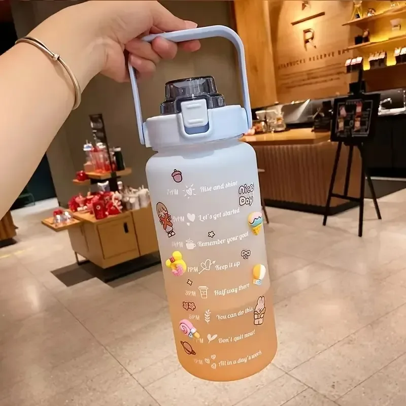 2L Colorful Frosted Water Bottle With Straw And Cute Sticker Kawaii Motivational Time Marker Sport Workout Portable Drinking Cup