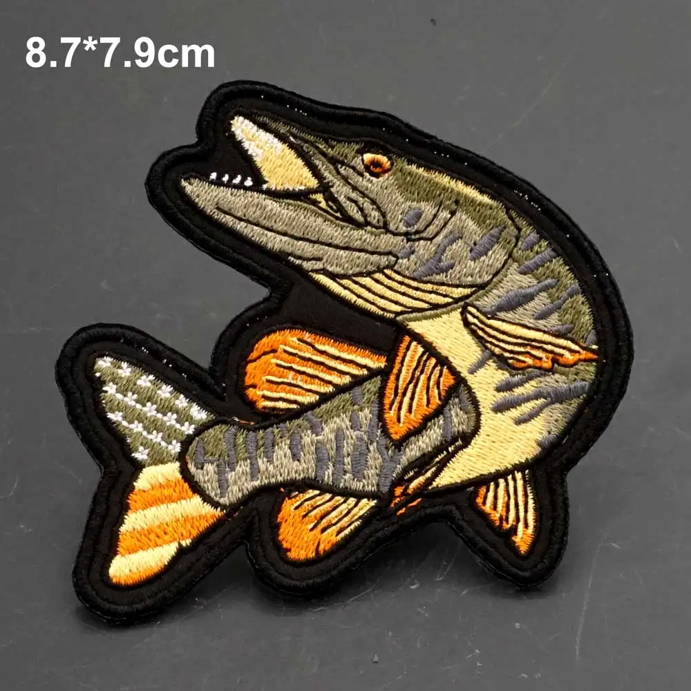 Parches bordados de muskkie, insignia de pescado para ropa, gorras de mochila, apliques DIY