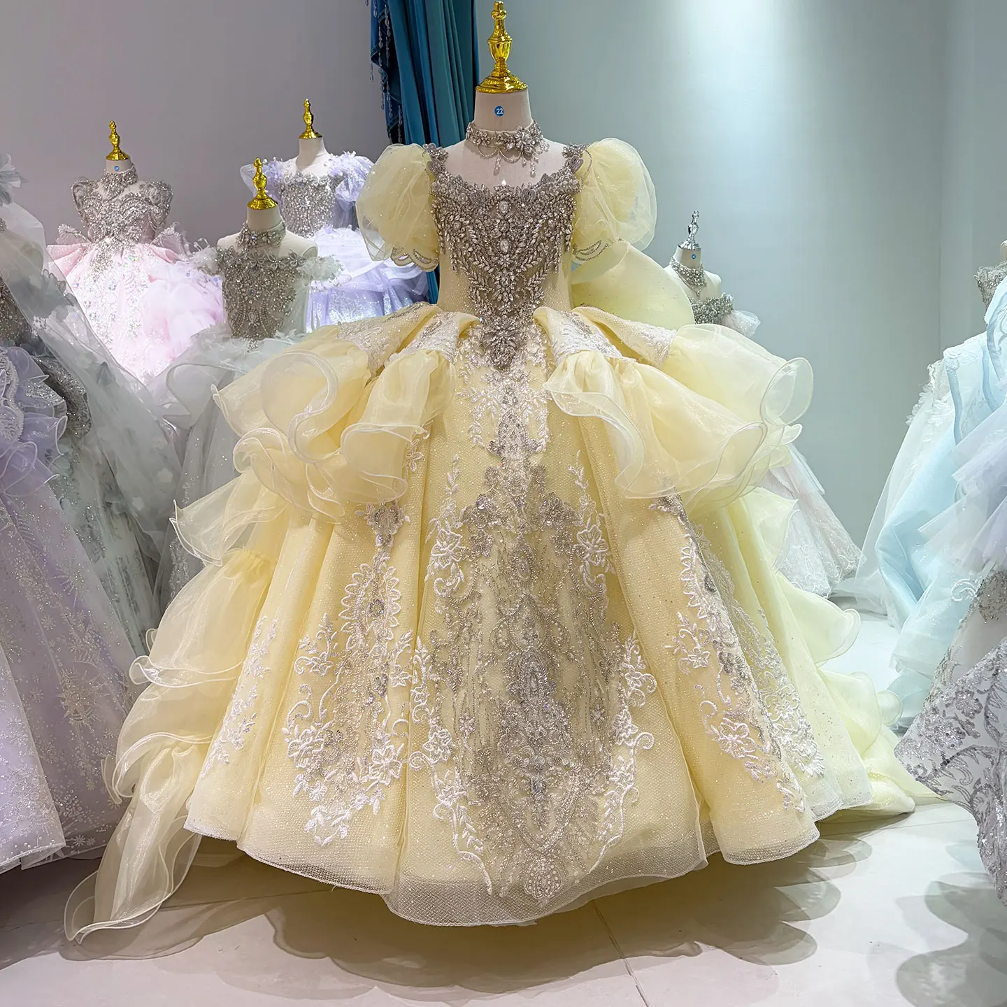 Jill Wish W102 Light Yellow Enchantment — Champagne Embroidered Crystal Princess Ball Gown Reception & Pre-Wedding Shoots