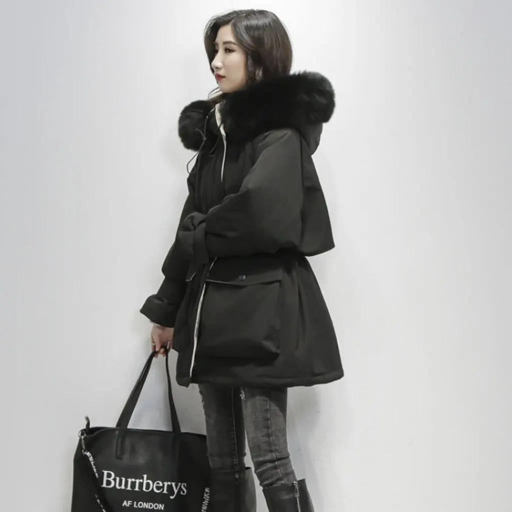 

Korean Style Women's Cotton-Padded Jacket Loose Thickened Large Wool Collar Mid-Length down Cotton-padded Pike for Ladies
