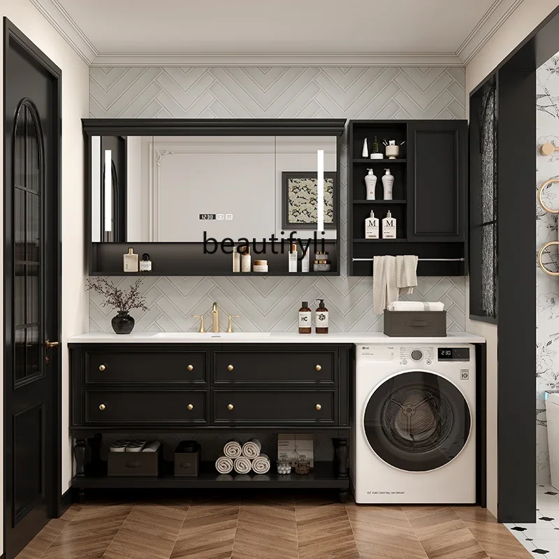 

French retro bathroom cabinet combined washing machine cabinet rock slab integrated basin paint floor cabinet washstandHY