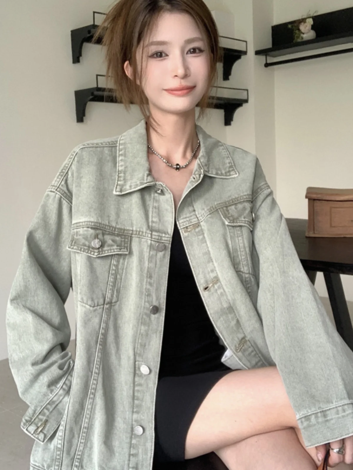

American Retro Large Size Denim Jacket Women's Spring Autumn Loose Hong Kong Style Versatile Jacket Top Collar Long Sleeve
