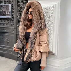 2023 New Winter Jacket Women Real Fox Fur Collar Hooded Natural Thick Warm Loose Oversize Duck Down Coat Streetwear Outerwear