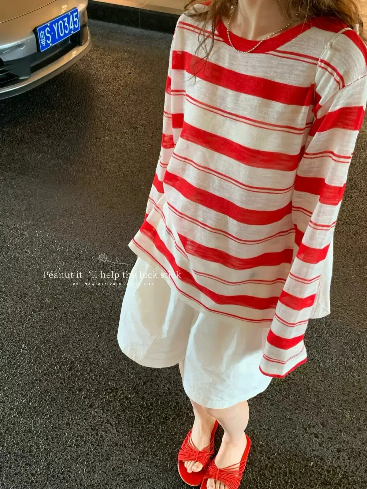 2026 New Summer Korean Thin Semi-Sheer Red Striped Knit Sunscreen Top Crew Neck Pullover T-shirt Cover Up For Women view 4