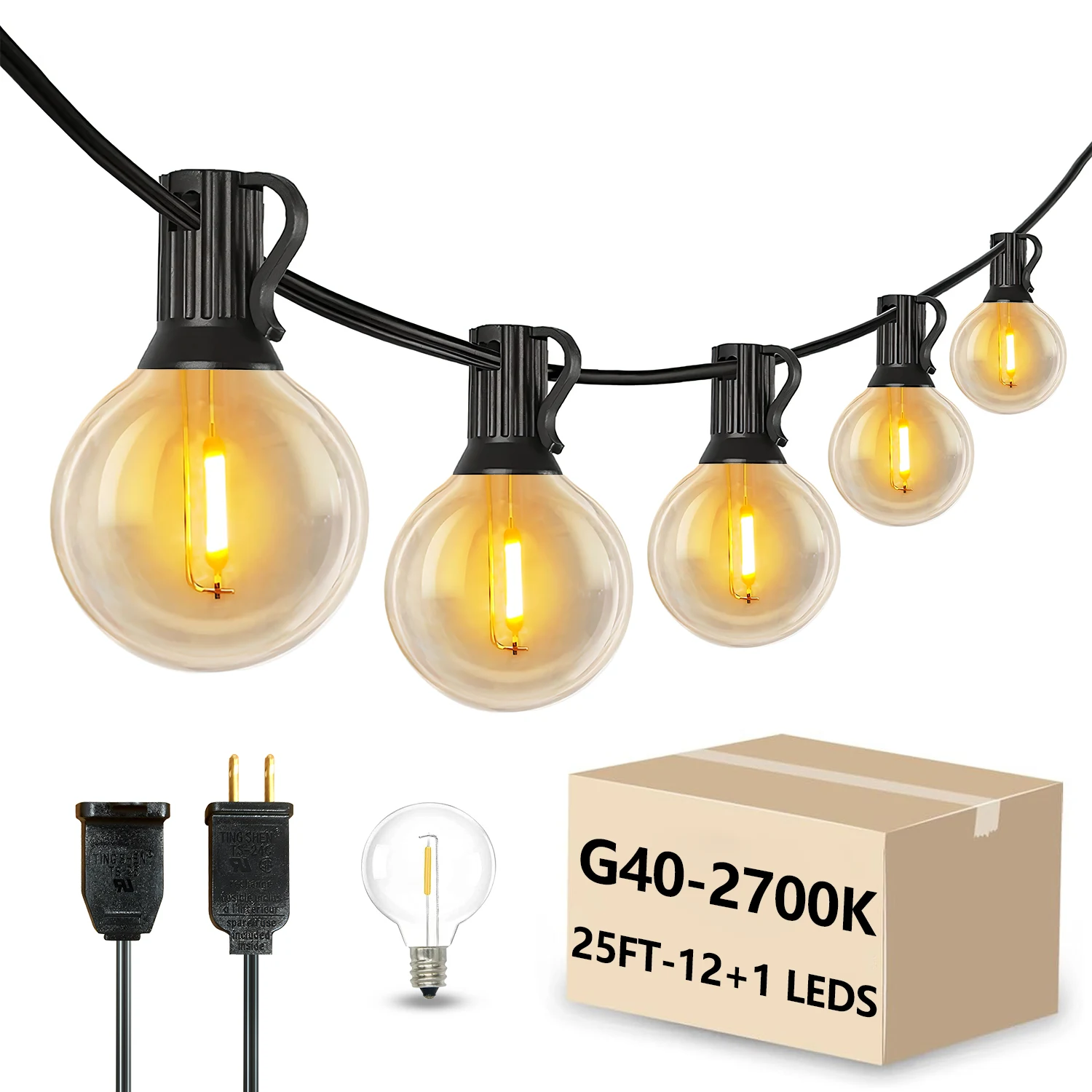 

25FTOutdoor String Lights, G40 Globe Led Patio Luces with 12 Dimmable Edison Vintage Bulbs, Waterproof Decor for Outside Yard Po