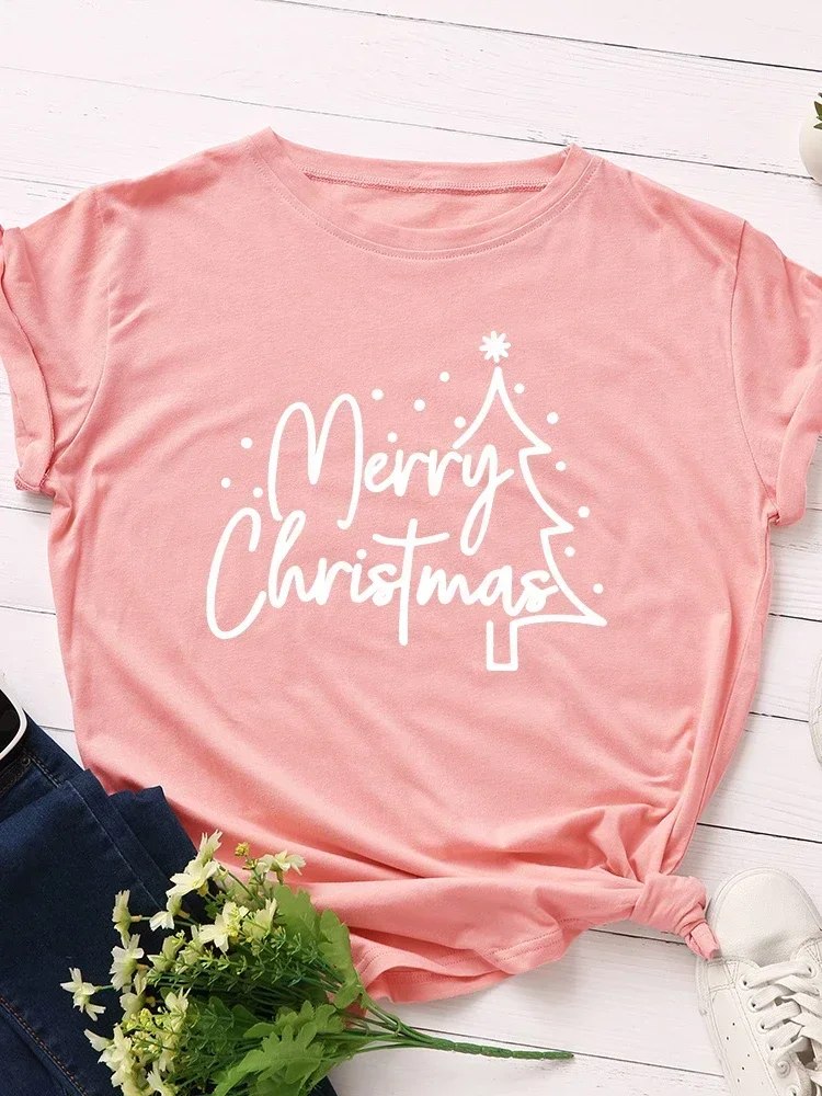 Merry Christmas Tree Print Women T Shirt Short Sleeve O Neck Loose Women Tshirt Ladies Tee Shirt Tops Clothes Camisetas Mujer