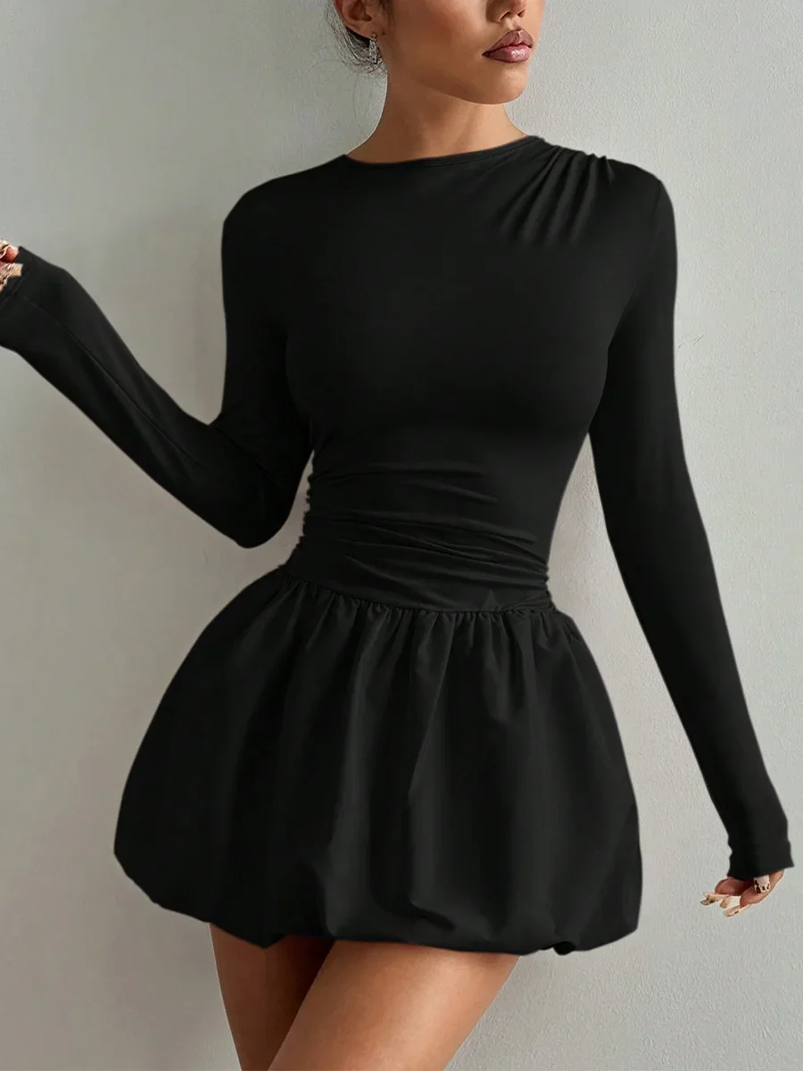 

Women Slim Long-Sleeve Dress Round Neck Puffy Dress Autumn and Winter Solid Color Dress Black Fashion Elegant