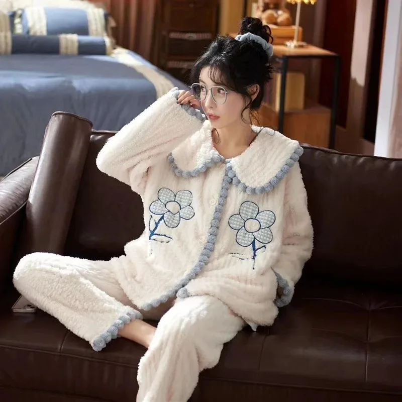 

Women's Loungewear Homedress Trendy Flannel 2Pcs Set Sweet Girl Style Sleepwear Long-Sleeve Top And Long Pants Soft Fabric Warm