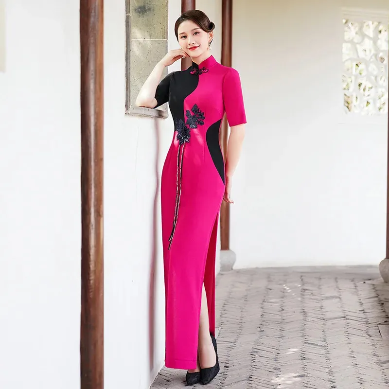 NewAncient Red Long Elegant Chinese Young Style Plus Size Runway Cheongsam Performance Outfit5;c,6's.2;b'8, view 3