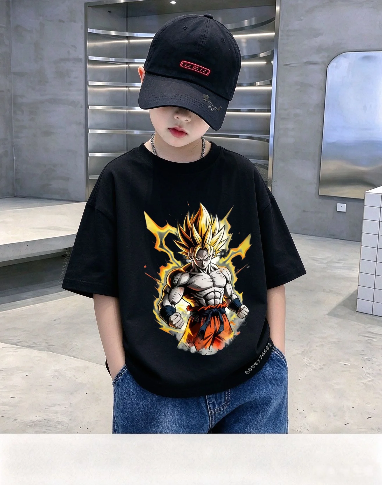 Kids 100% Cotton Skin-friendly Breathable T-shirt, Dragon Ball Super Saiyan Goku Anime Front Print Short Sleeve Summer Tee