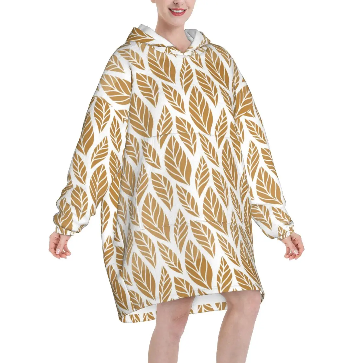 Wearable Blanket Hoodie Leaves Floral Hand Oversized Sweatshirts Blanket Warm Cozy Flannel Fleece Sherpa Blanket with Pockets
