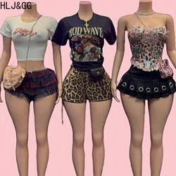 HLJ&GG Y2K Fashion Sequin Leopard Shorts Two Piece Sets Women Round Neck Short Sleeve Graphic T Shirts And Shorts Outfits 2025