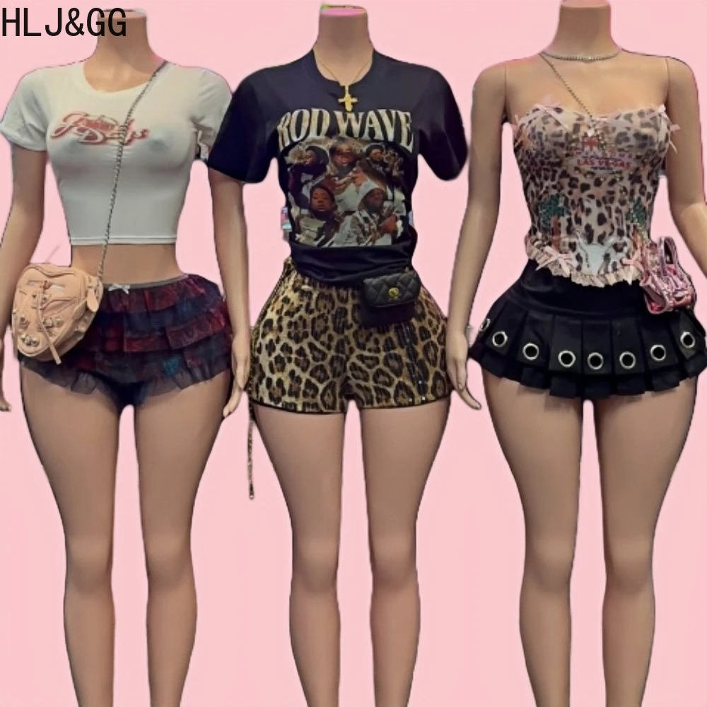 HLJ&GG Y2K Fashion Sequin Leopard Shorts Two Piece Sets Women Round Neck Short Sleeve Graphic T Shirts And Shorts Outfits 2025