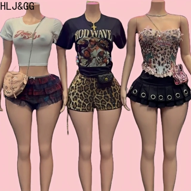 HLJ&GG Y2K Fashion Sequin Leopard Shorts Two Piece Sets Women Round Neck Short Sleeve Graphic T Shirts And Shorts Outfits 2025