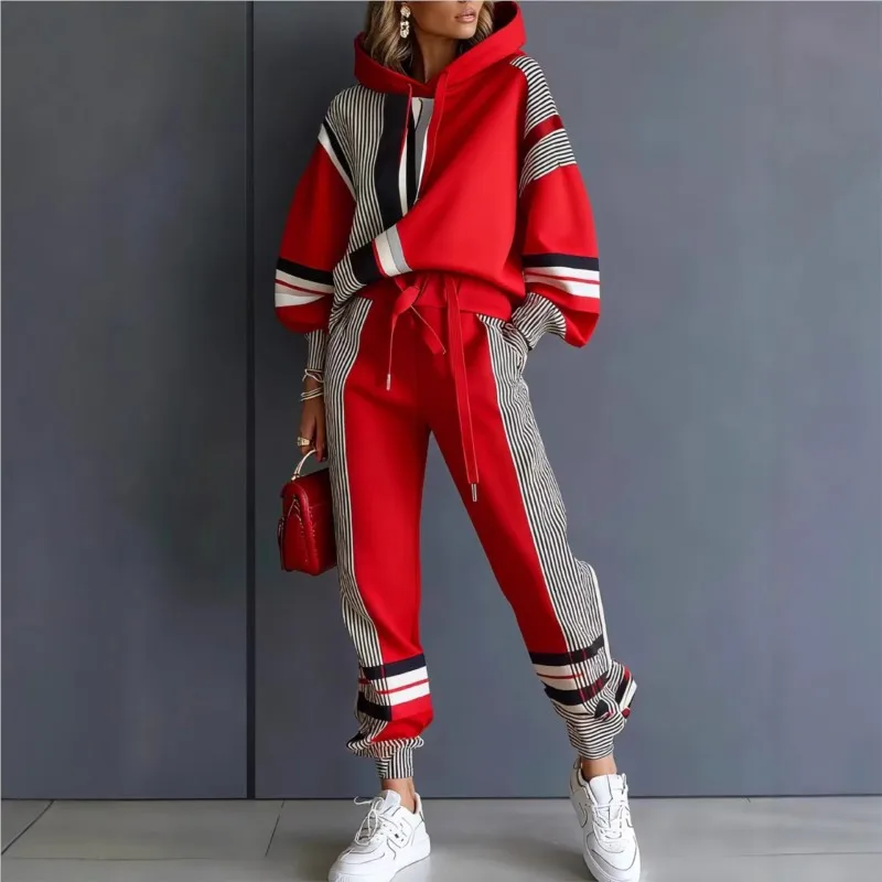 2026 Frühling Zweiteiliges Sport-Winter-Set, Lässiger Schnitt, Modisches Freizeit-Hosen-Set, Gestreifter Rundhals-Sweatshirt und Hosen-Set