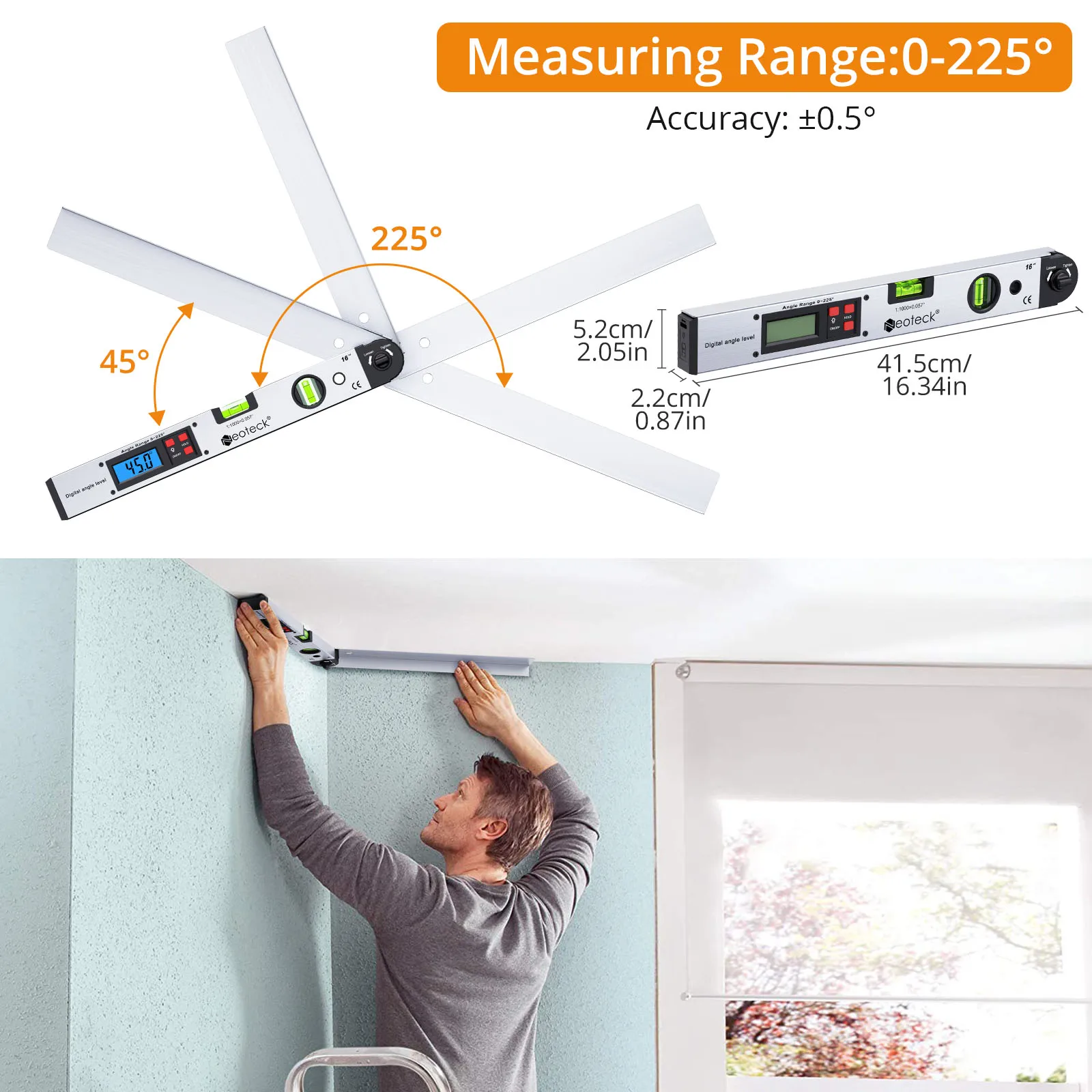 Neoteck 400mm LCD Digital Protractor Spirit Level Angle Finder Gauge Meter 0~225° Electronic Angle Ruler Measure Tool