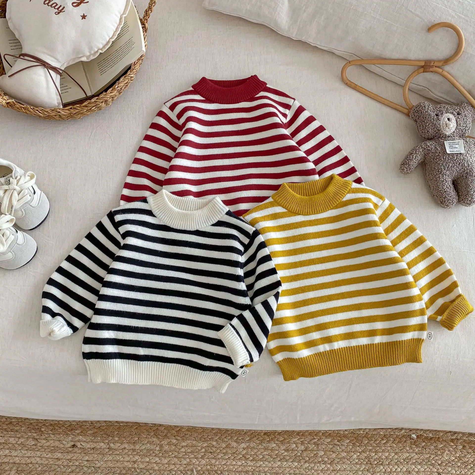 

2025 New Kids Striped Sweater Korean Style Thickened Toddler Knitwear Winter Warm 0-5Y Boys Girls Clothes