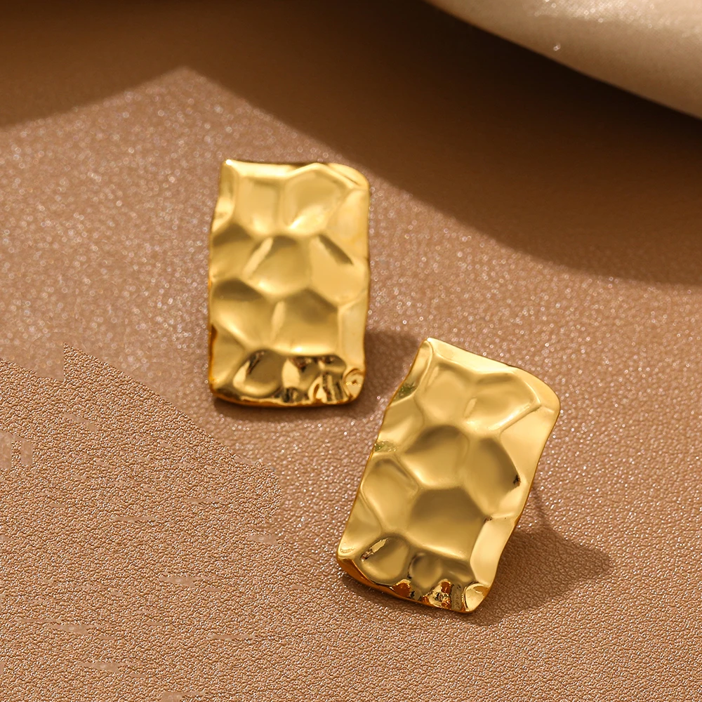 Vintage Stainless Steel Texture Hammered Geometric Drop Earrings for Women Gold Plated Rectangle Earrings Statement Jewelry image 4