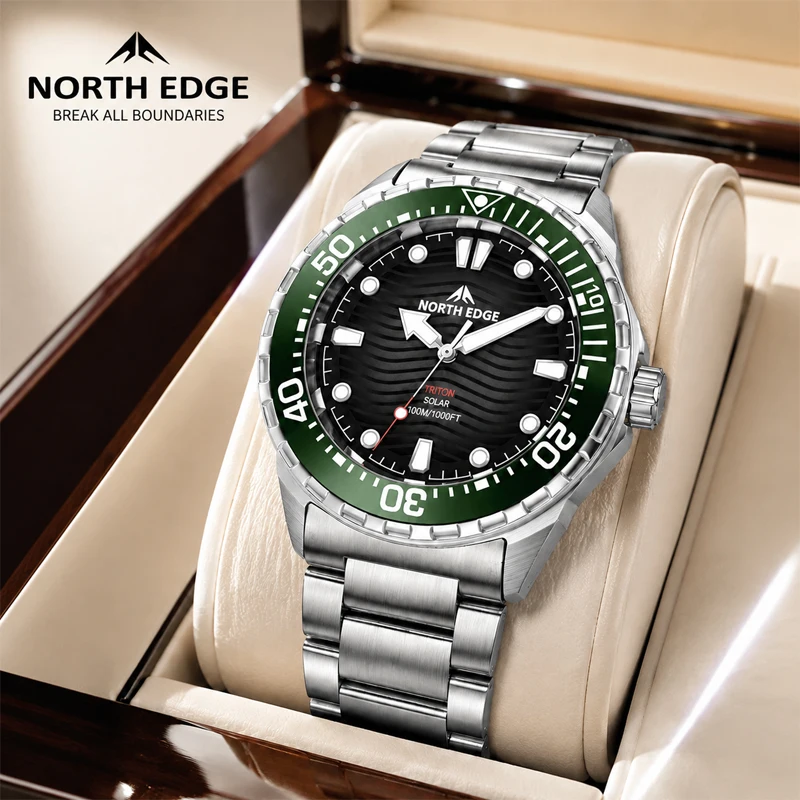 NORTH EDGE TRITON Solar Powered Digital Watch For Men Luxury Quartz Diving Watch 316L Stainless Steel Case Waterproof 300M Dive