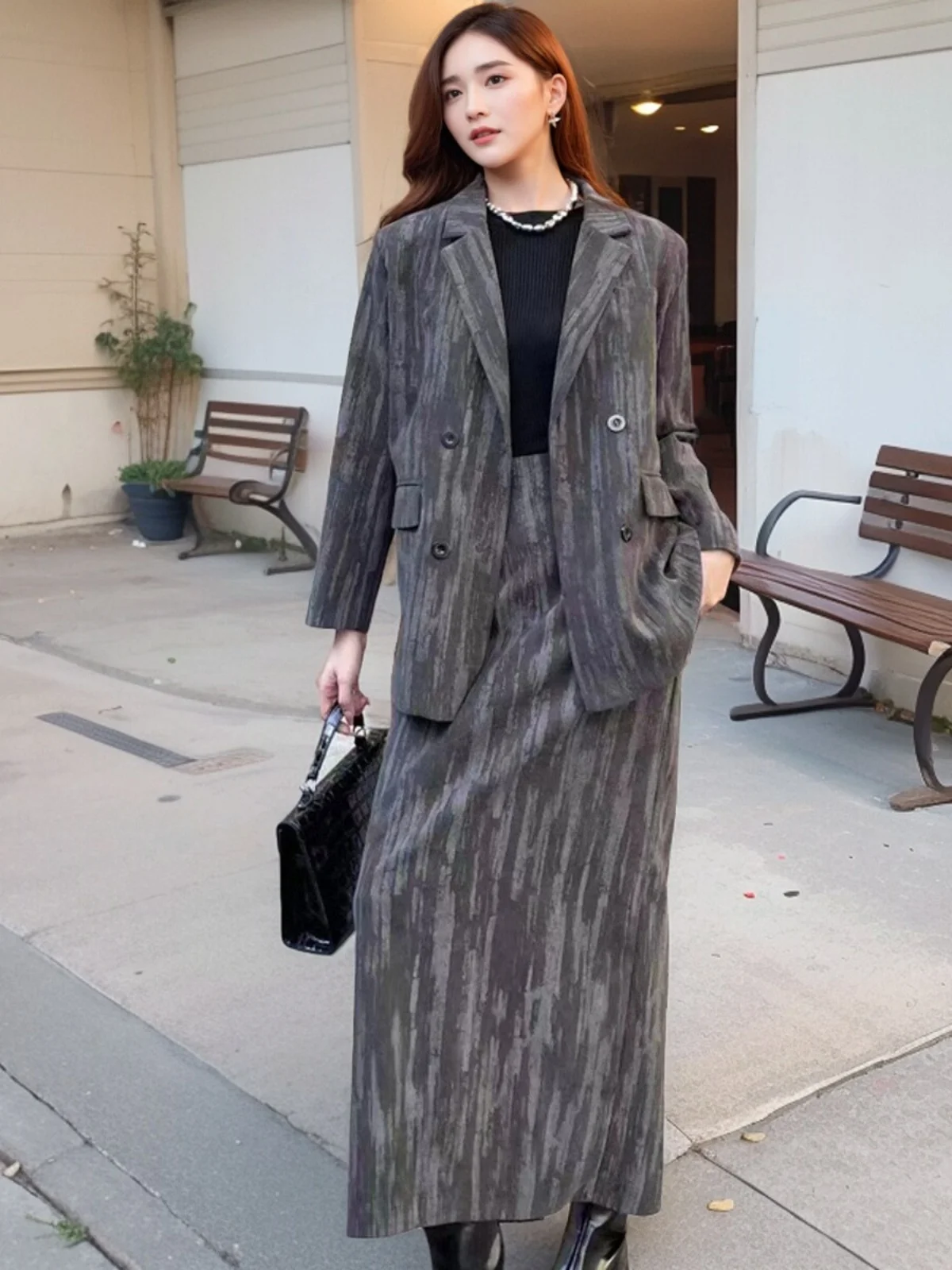

Korean Sle Chic oulder Pad Suit Jaet Women + High Waist Skirt Casual Elegance Cotton Blend Long Sve Button up
