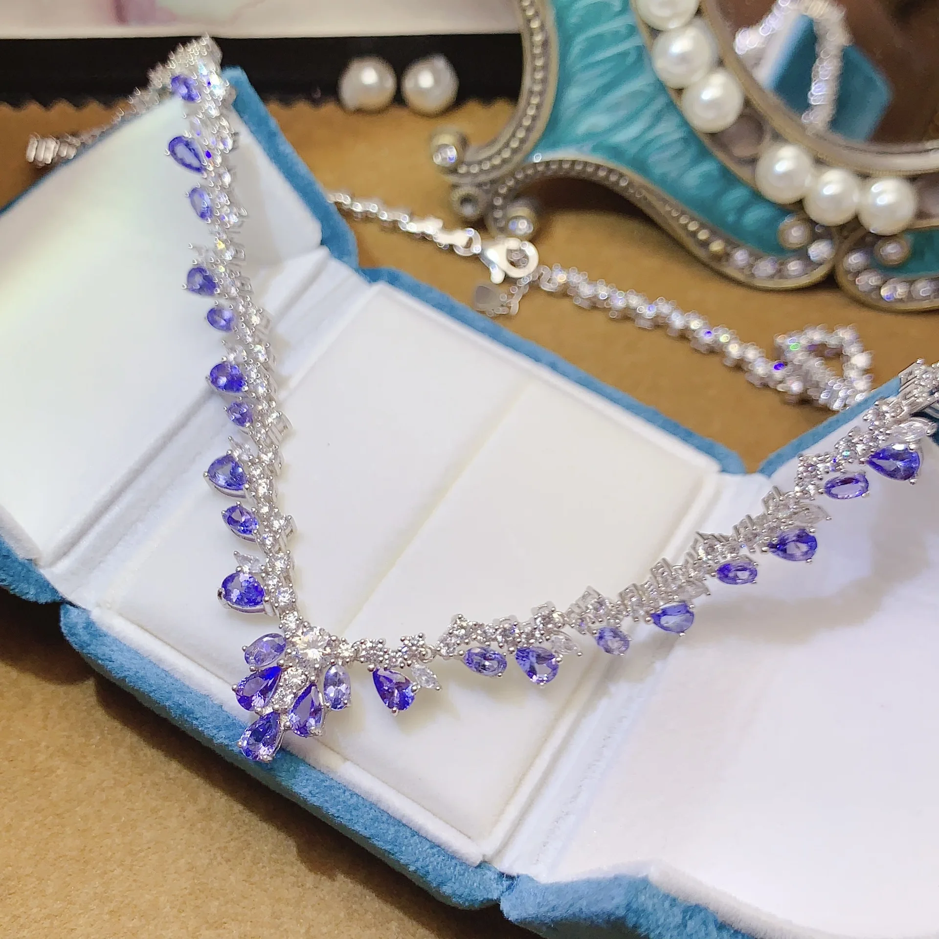 

S925 Silver Tanzanite Necklace, 4x6mm & 3x5mm Full Diamond Accent, Certified Luxury for Exclusive Events & Collector's Pride