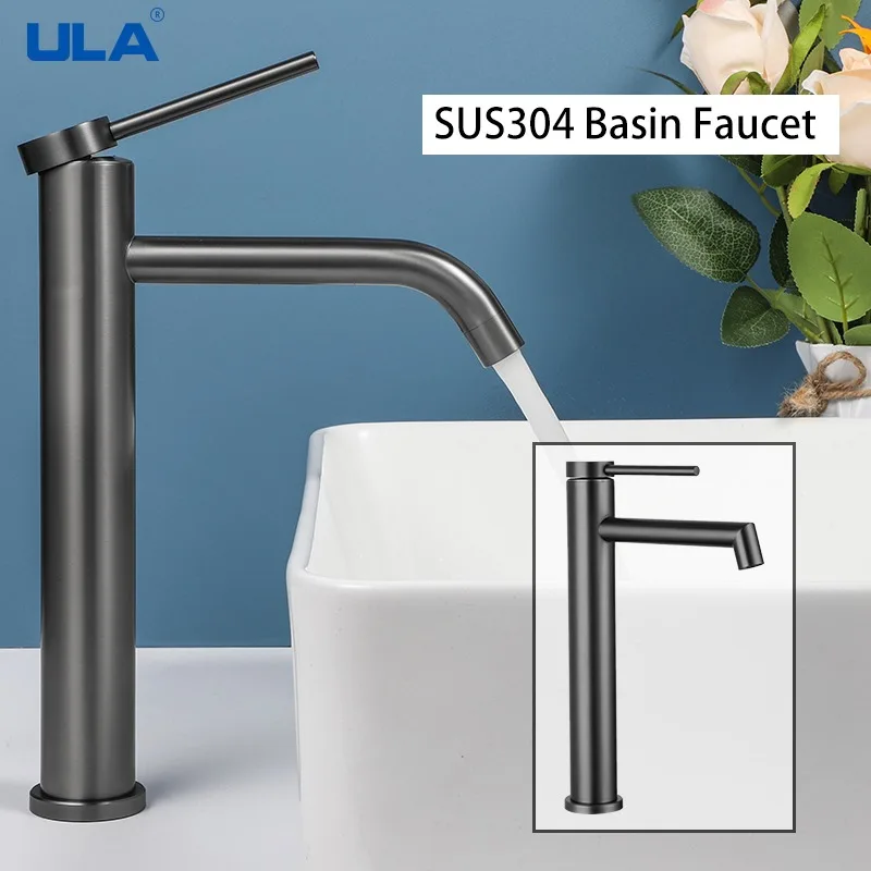 

ULA Смеситель для раковины из нержавеющей стали Пистолет Серый Смесители для ванной комнаты Высокий смеситель для раковины Смеситель для раковины с горячей и холодной водой Смеситель для раковины на столешнице