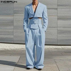 INCERUN Spring Autumn Men's Sets Long Sleeve Tops Solid Wide Leg Pants Men's Clothing Two-piece Sets Casual Suits Streetwear