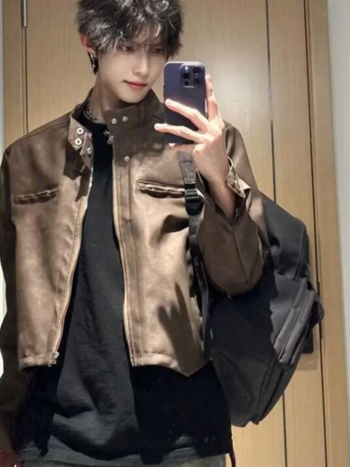 

Cool ort Men's Jaet Brown Leather Sle Youth Faion Autumn Outerwear Couple's Retro Design Windproof Zipper Closure