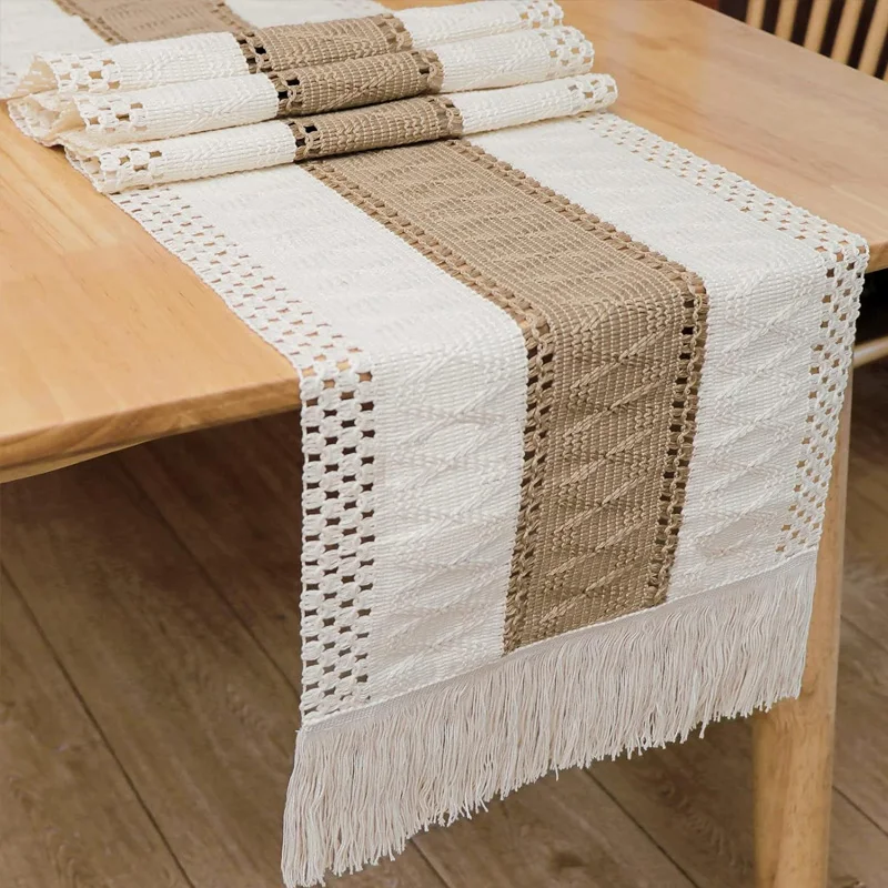 Splicing Burlap Table Runner Farmhouse Style, Boho Table Runner Modern Farmhouse Decor Rustic Woven Cotton Crochet Lace