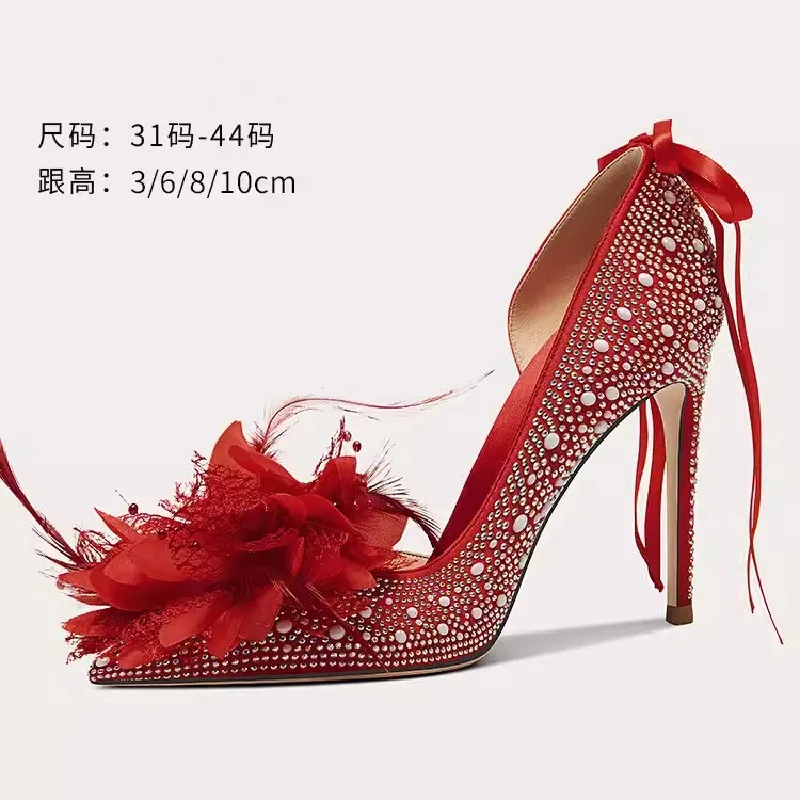 Spring/Summer Pointed Rhinestone Lace Flower Feather Single Shoes Thin High Heels Banquet Dress Large and Small Women's Sandals