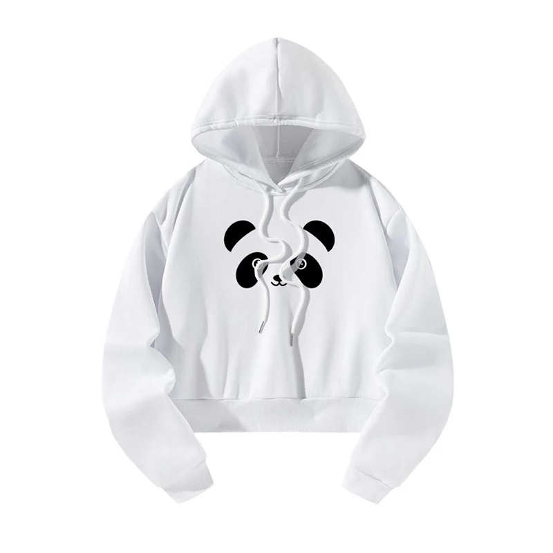 Panda Pattern Long Sleeve Short Hoodie Women's Sweatshirt Fashionable Casual Pullover Hoodie