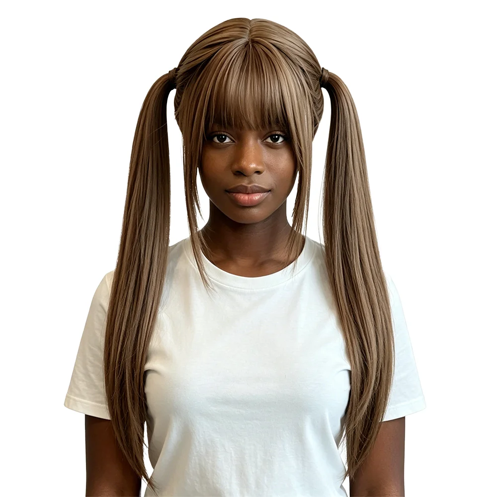 

Milk Tea Light Brown Double Ponytail Wig With Bangs Natural Looking Heat Resistant Synthetic Daily African Women Straight Wig